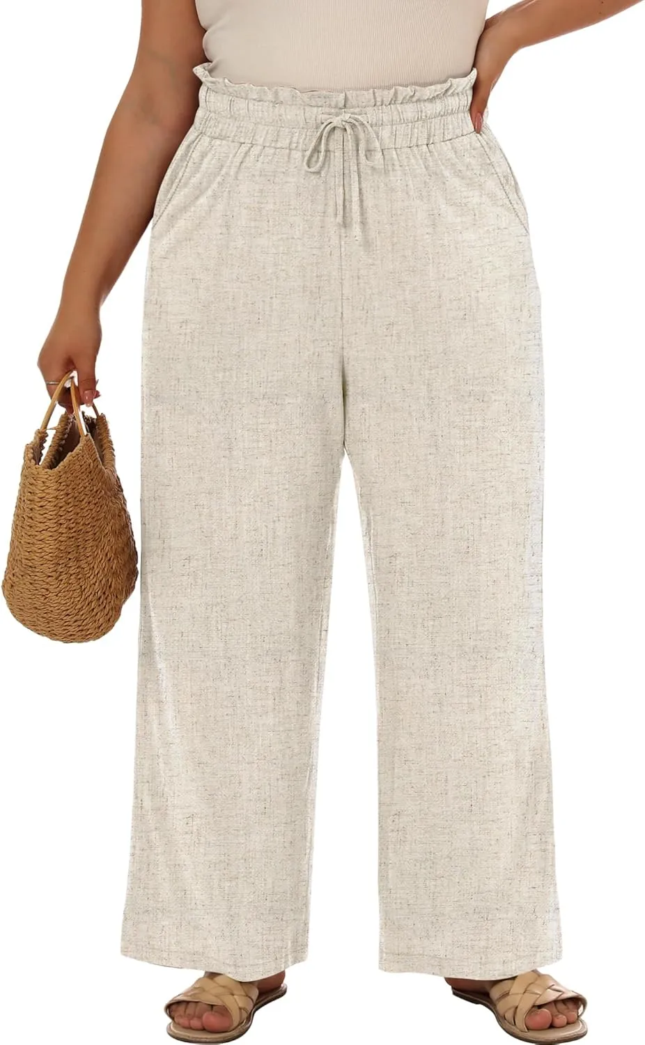 Neer Women's Plus Size Linen Pants High Waist Wide Leg Casual Drawstring Loose Straight Palazzo Pants with Pockets