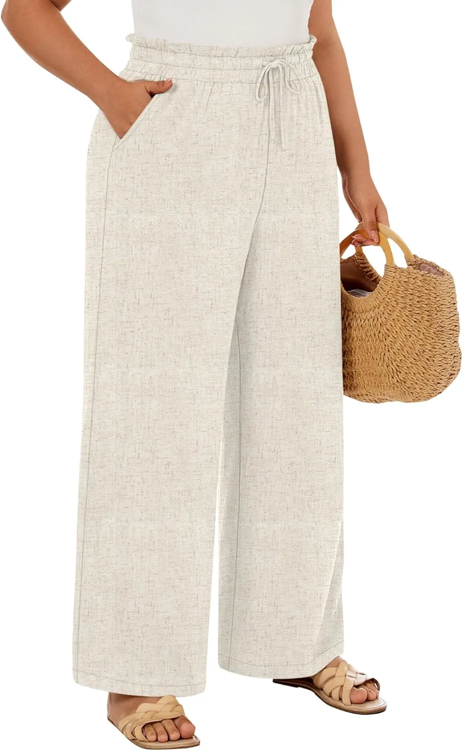 Neer Women's Plus Size Linen Pants High Waist Wide Leg Casual Drawstring Loose Straight Palazzo Pants with Pockets