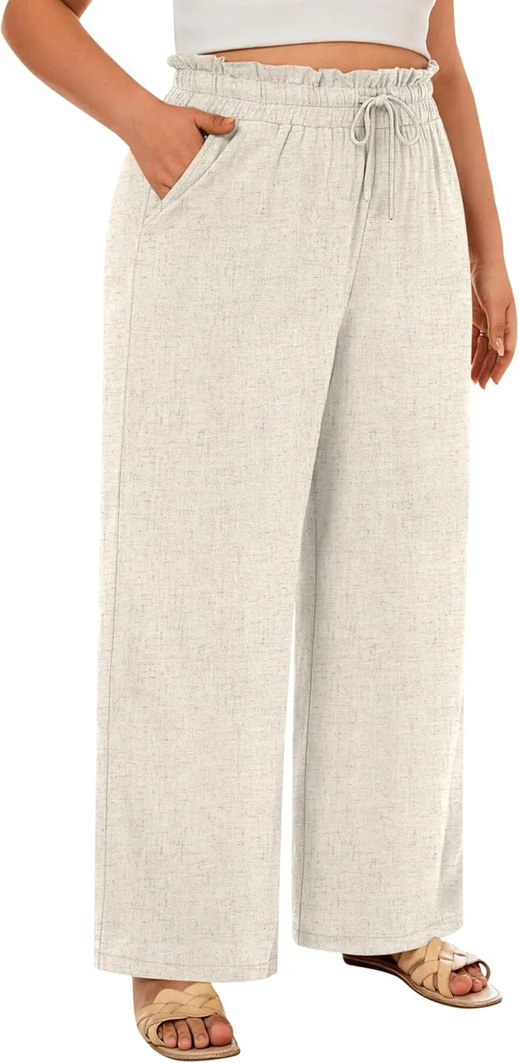 Neer Women's Plus Size Linen Pants High Waist Wide Leg Casual Drawstring Loose Straight Palazzo Pants with Pockets