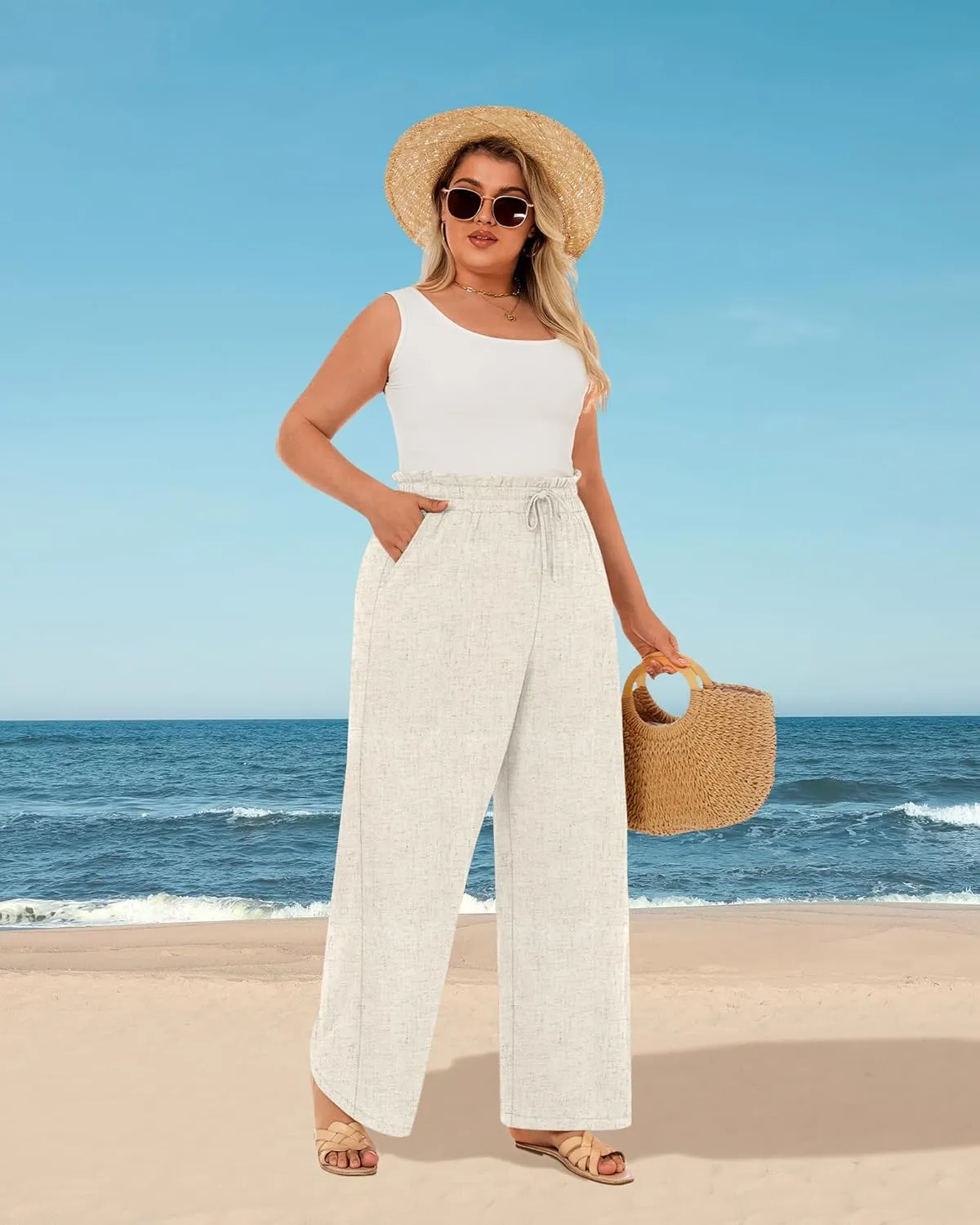 Neer Women's Plus Size Linen Pants High Waist Wide Leg Casual Drawstring Loose Straight Palazzo Pants with Pockets