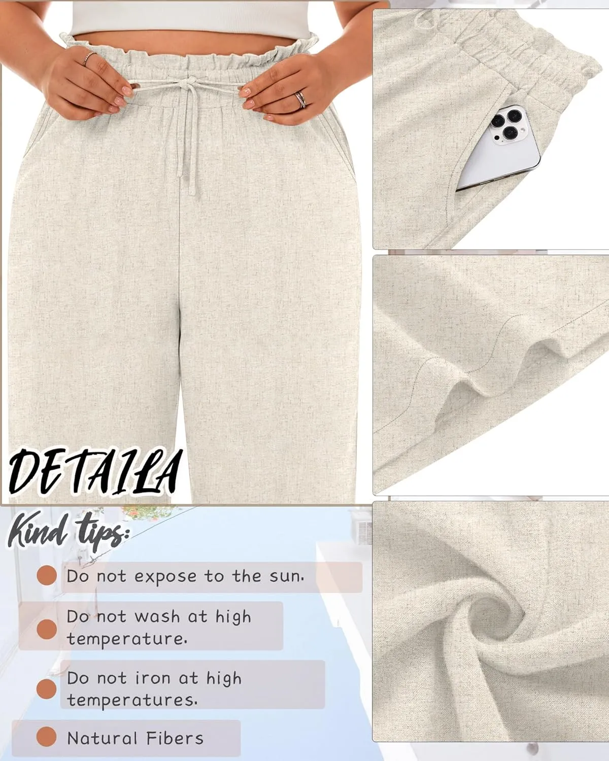 Neer Women's Plus Size Linen Pants High Waist Wide Leg Casual Drawstring Loose Straight Palazzo Pants with Pockets