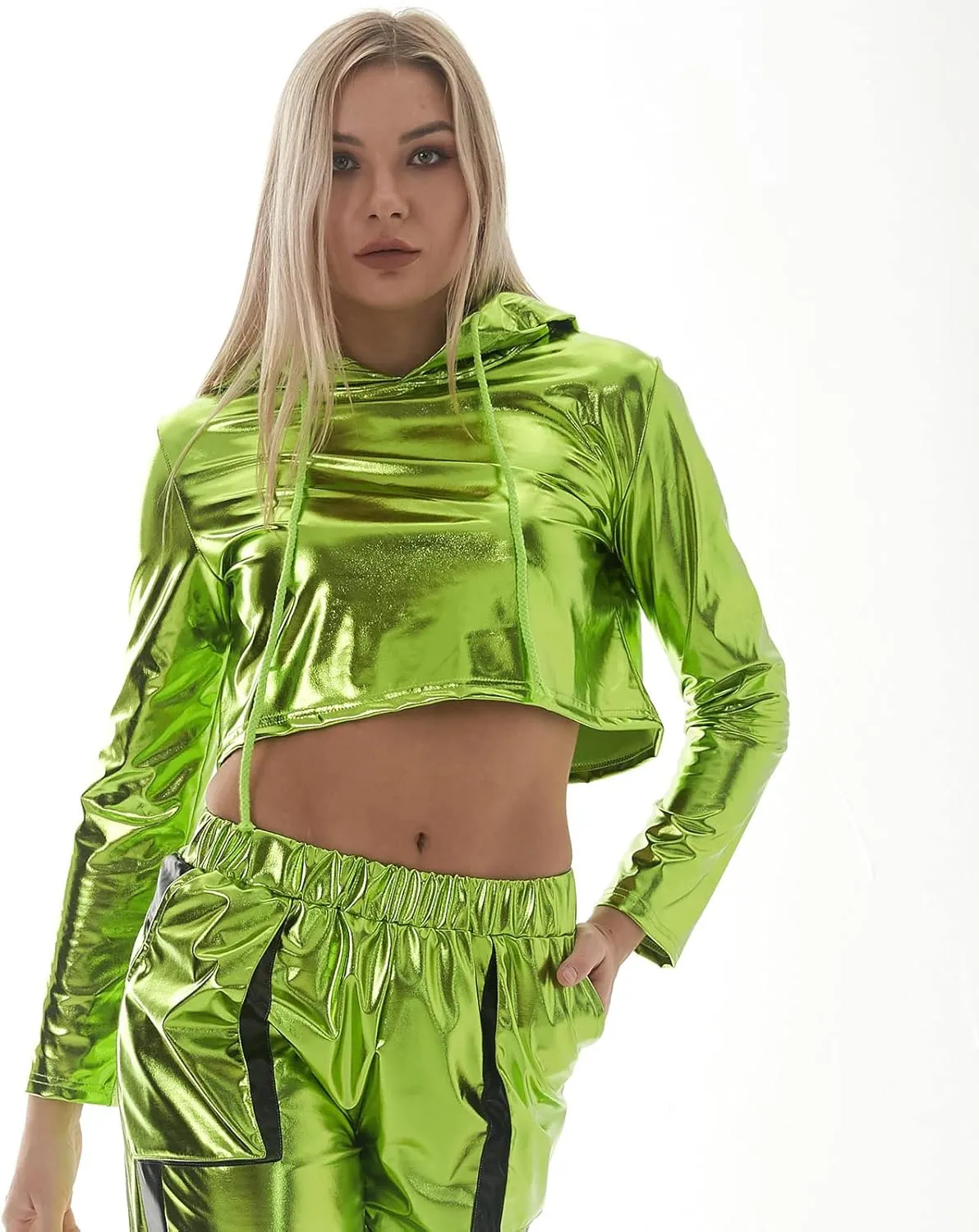OBEEII Womens Shiny Metallic Crop Top Hoodies Drawstring Long Sleeve Wet Look Pullover Holographic Sweatshirts Club Wear
