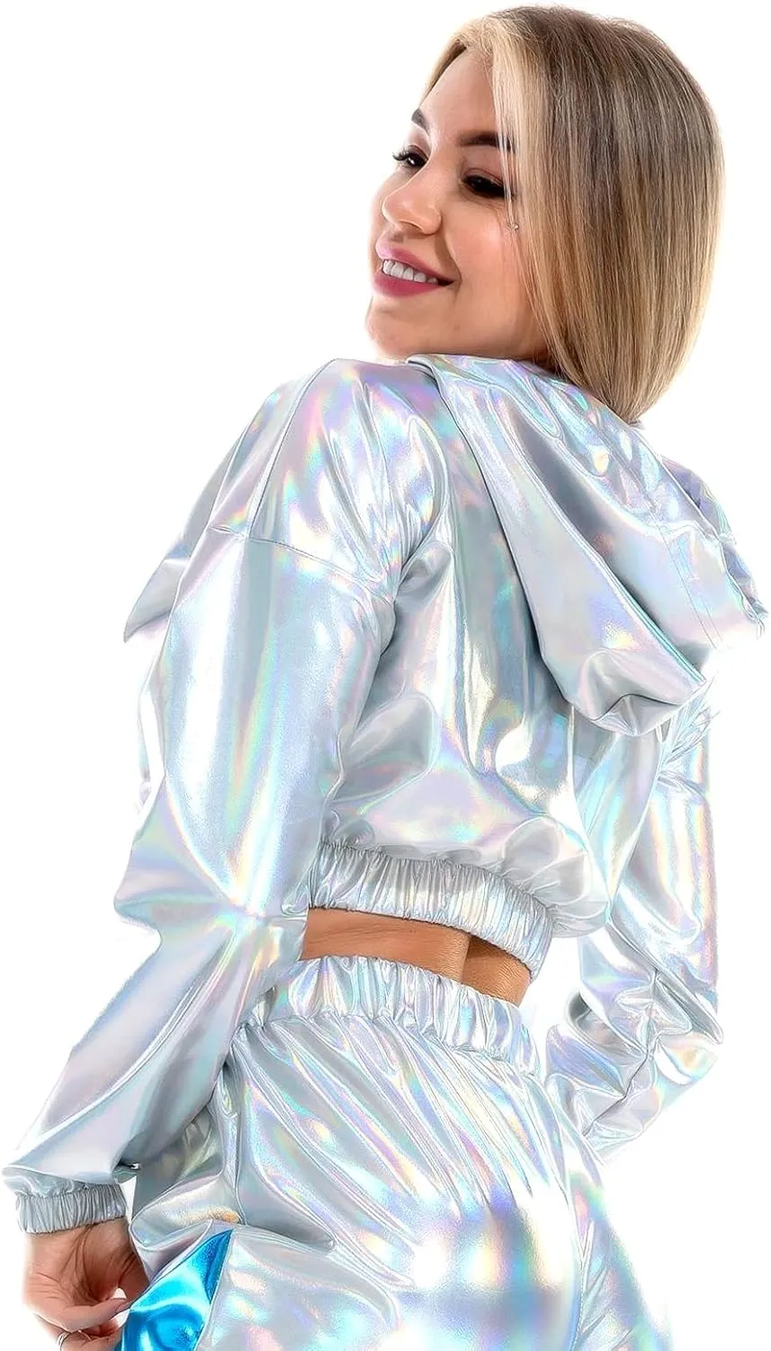 OBEEII Womens Shiny Metallic Crop Top Hoodies Drawstring Long Sleeve Wet Look Pullover Holographic Sweatshirts Club Wear
