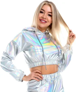 OBEEII Womens Shiny Metallic Crop Top Hoodies Drawstring Long Sleeve Wet Look Pullover Holographic Sweatshirts Club Wear