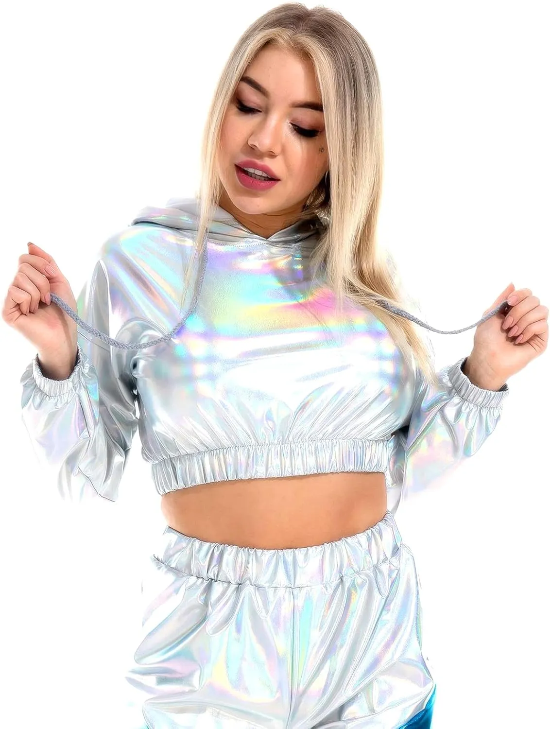 OBEEII Womens Shiny Metallic Crop Top Hoodies Drawstring Long Sleeve Wet Look Pullover Holographic Sweatshirts Club Wear