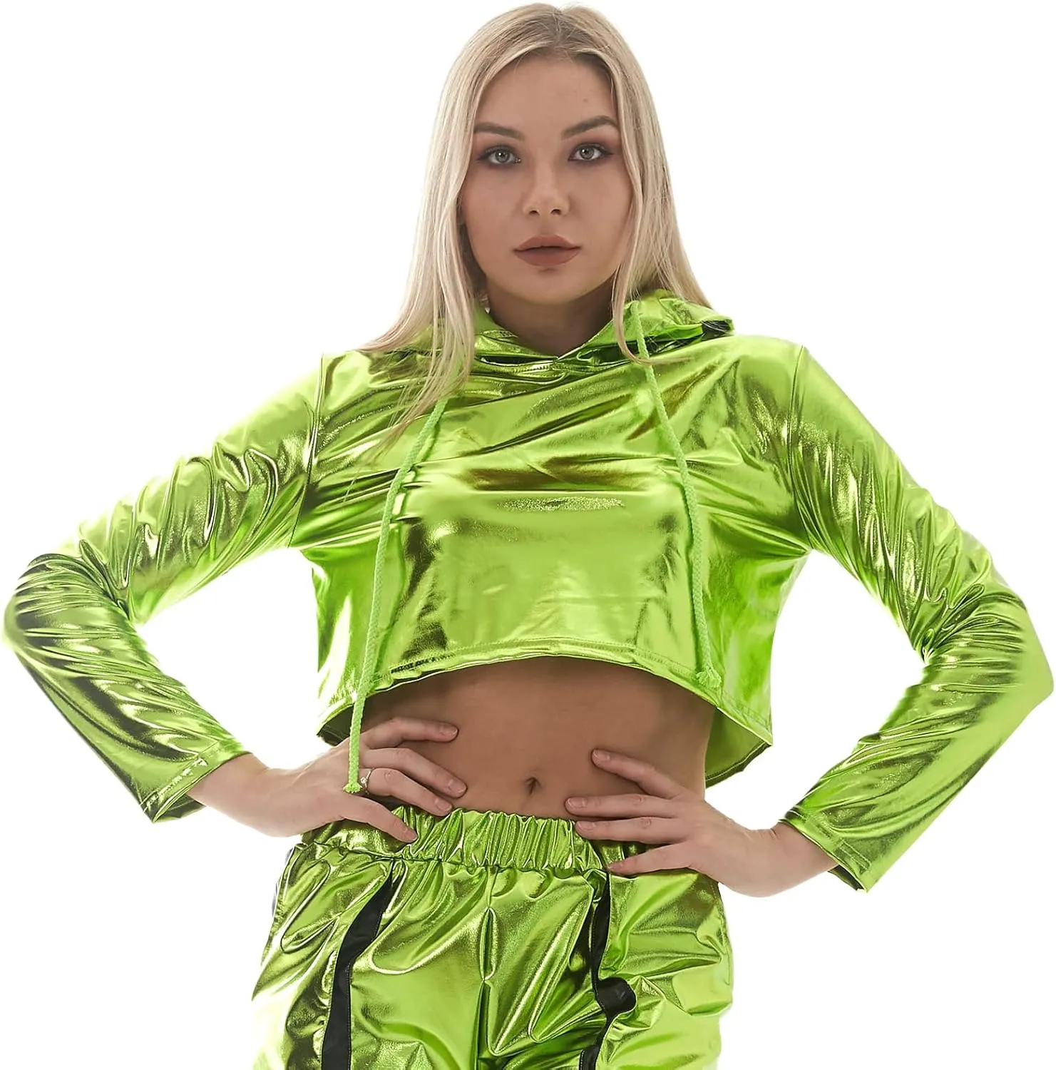 OBEEII Womens Shiny Metallic Crop Top Hoodies Drawstring Long Sleeve Wet Look Pullover Holographic Sweatshirts Club Wear
