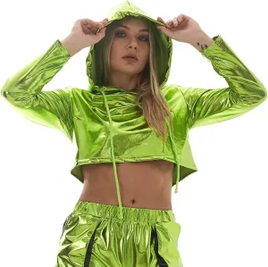 OBEEII Womens Shiny Metallic Crop Top Hoodies Drawstring Long Sleeve Wet Look Pullover Holographic Sweatshirts Club Wear