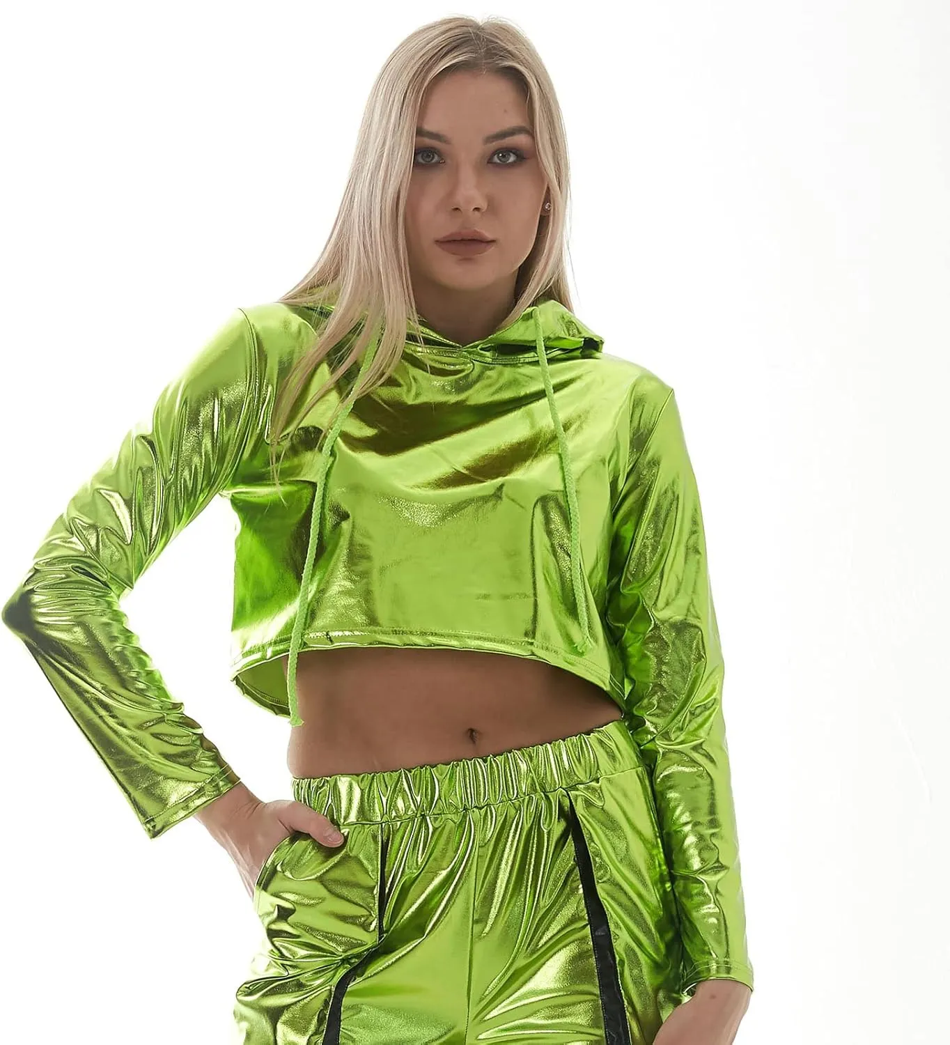 OBEEII Womens Shiny Metallic Crop Top Hoodies Drawstring Long Sleeve Wet Look Pullover Holographic Sweatshirts Club Wear