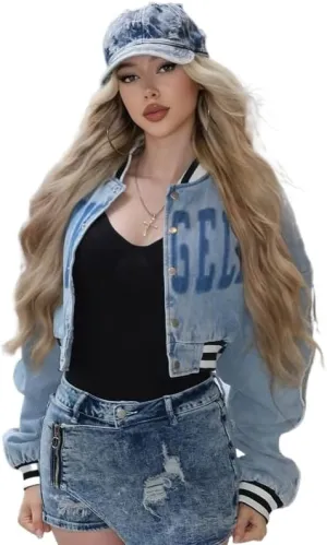 Obenie Women's Varsity Jacket Cropped Baseball Jacket Fall Causal Sweatshirts Coat Y2K Streetwear Short Coat