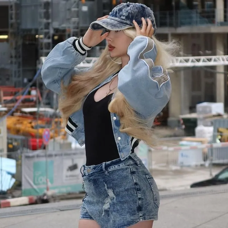 Obenie Women's Varsity Jacket Cropped Baseball Jacket Fall Causal Sweatshirts Coat Y2K Streetwear Short Coat