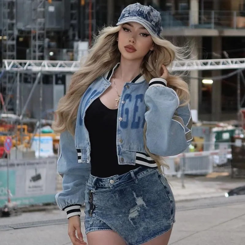 Obenie Women's Varsity Jacket Cropped Baseball Jacket Fall Causal Sweatshirts Coat Y2K Streetwear Short Coat