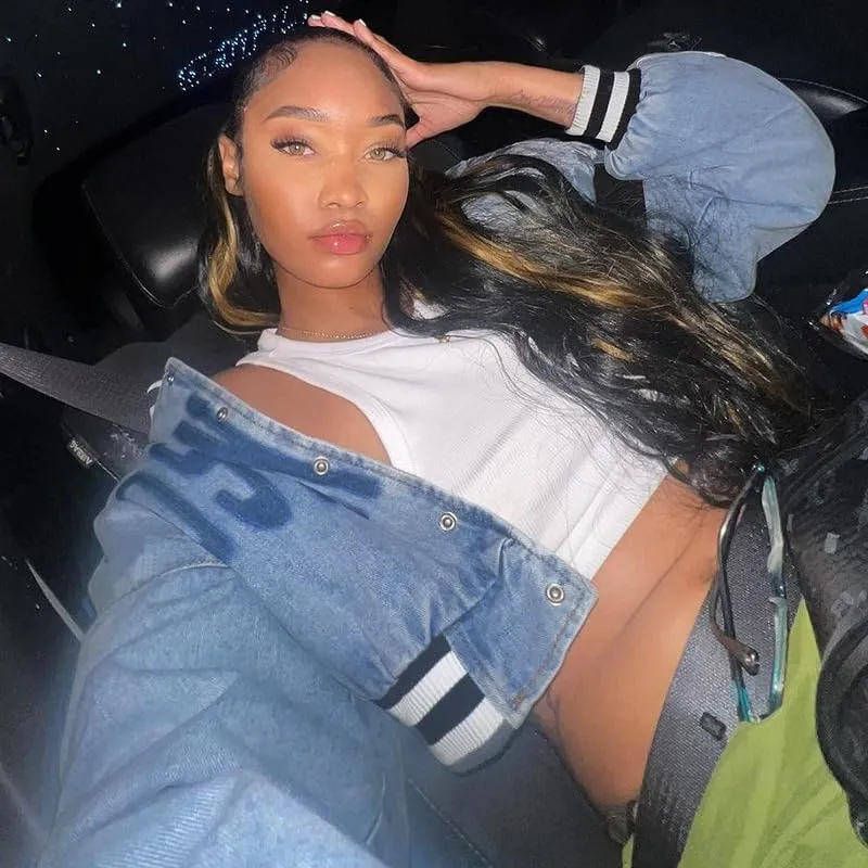 Obenie Women's Varsity Jacket Cropped Baseball Jacket Fall Causal Sweatshirts Coat Y2K Streetwear Short Coat