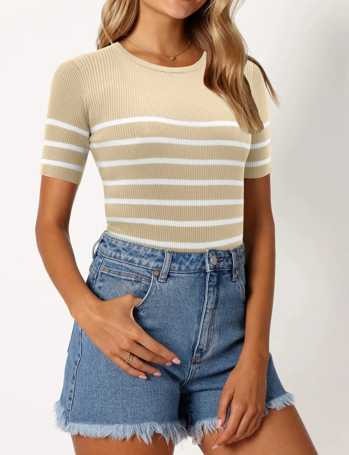 ONLYSHE Womens Short Sleeve T Shirts Summer Crewneck Tops Ribbed Knit Slim Fit Shirt Casual Basic Tees Tops