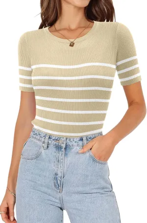 ONLYSHE Womens Short Sleeve T Shirts Summer Crewneck Tops Ribbed Knit Slim Fit Shirt Casual Basic Tees Tops