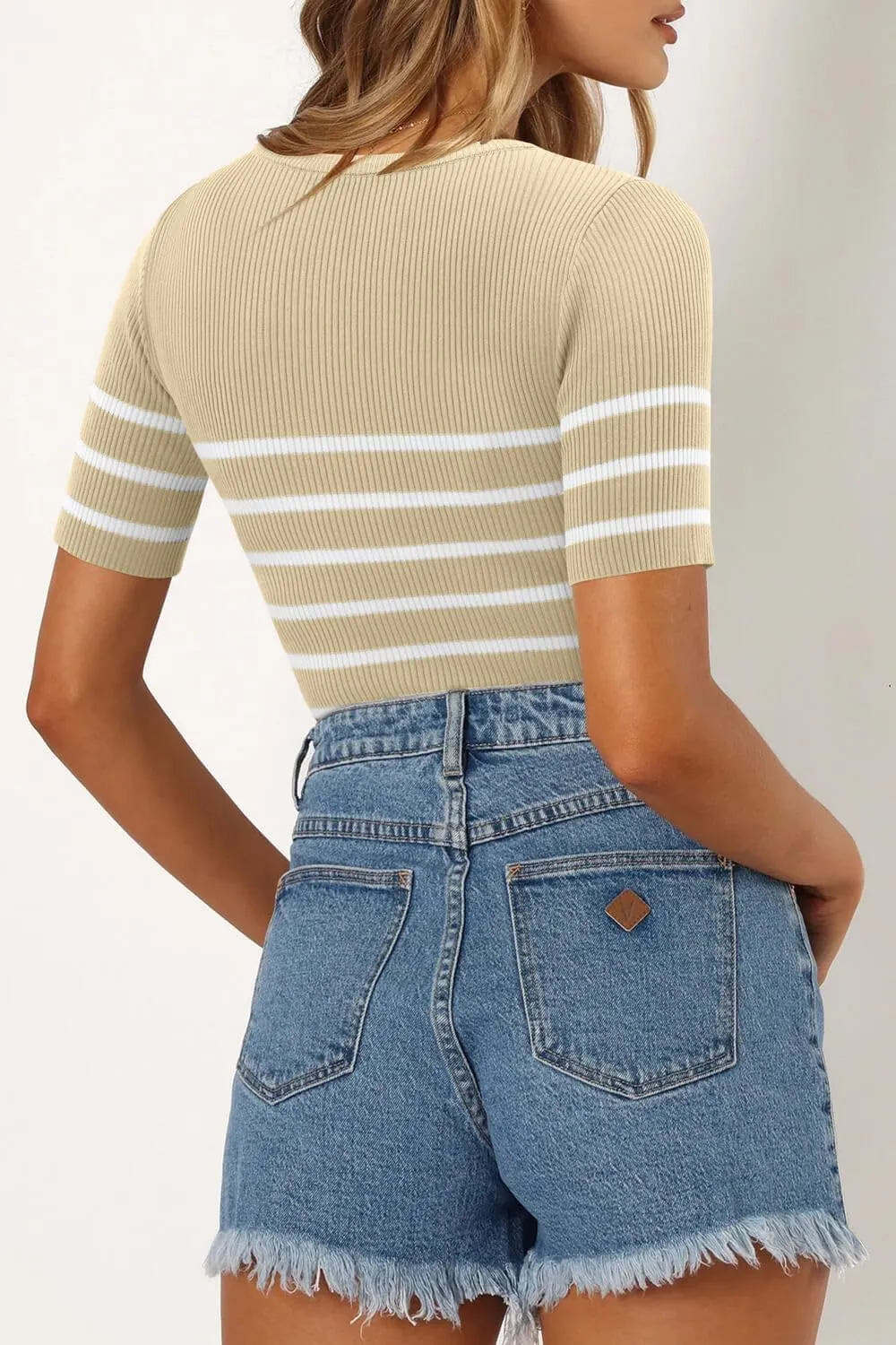 ONLYSHE Womens Short Sleeve T Shirts Summer Crewneck Tops Ribbed Knit Slim Fit Shirt Casual Basic Tees Tops
