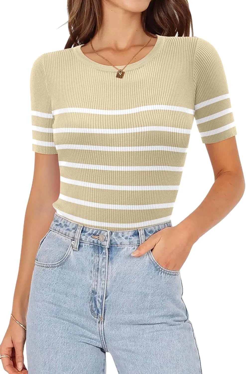 ONLYSHE Womens Short Sleeve T Shirts Summer Crewneck Tops Ribbed Knit Slim Fit Shirt Casual Basic Tees Tops