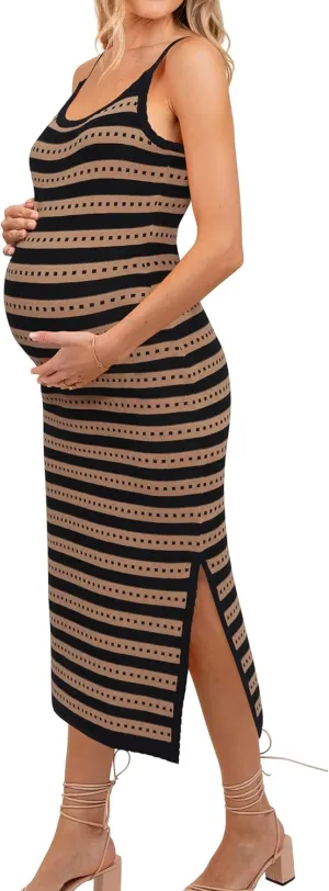 OUGES Womens 2025 Spring Maternity Striped Dress Spaghetti Strap Bodycon Knit Side Slit Midi Sweater Casual Dress