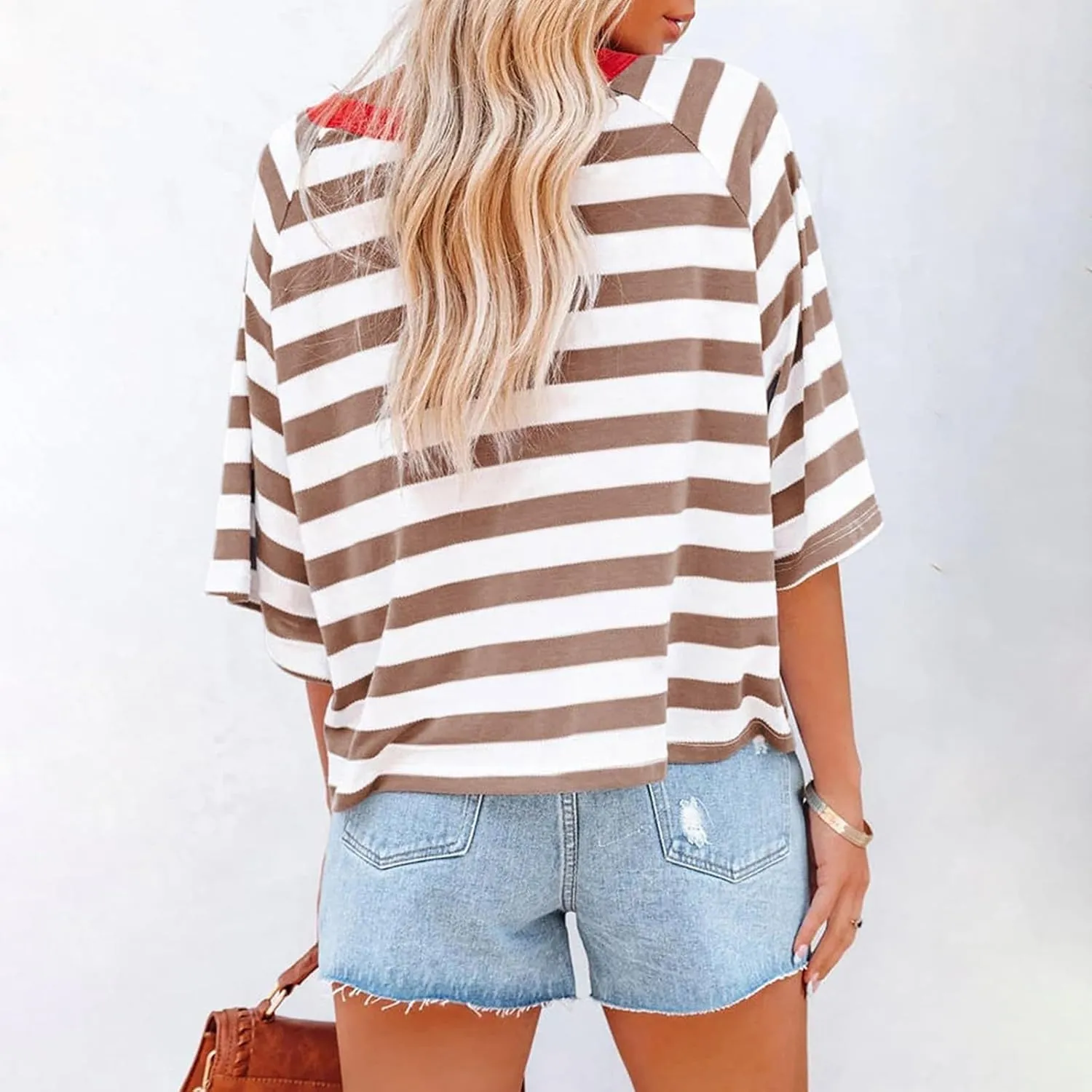 Oversized Tshirts for Women Striped Crew Neck Elbow Sleeve Tops Summer Color Block Half Sleeve Casual Blouses