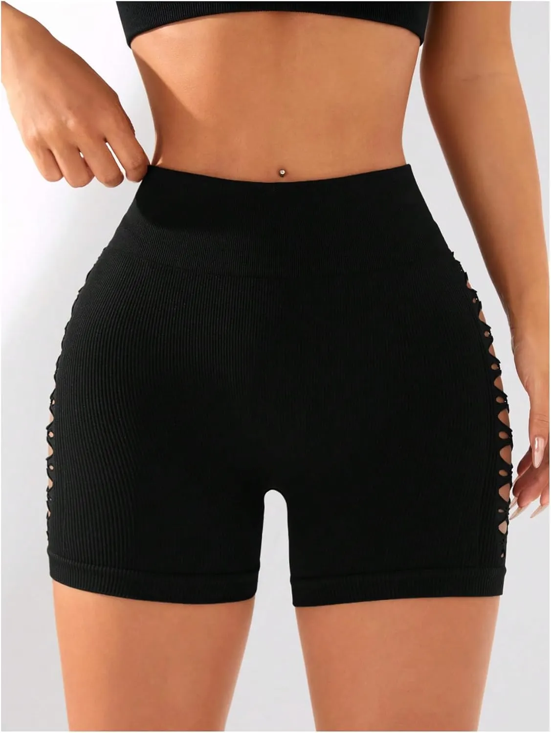OYOANGLE Women's Criss Cross Cut Out High Waisted Short Leggings Seamless Booty Biker Shorts Activewear