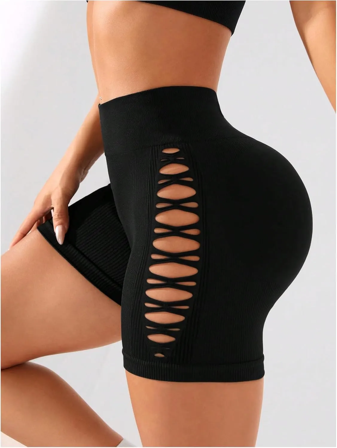 OYOANGLE Women's Criss Cross Cut Out High Waisted Short Leggings Seamless Booty Biker Shorts Activewear