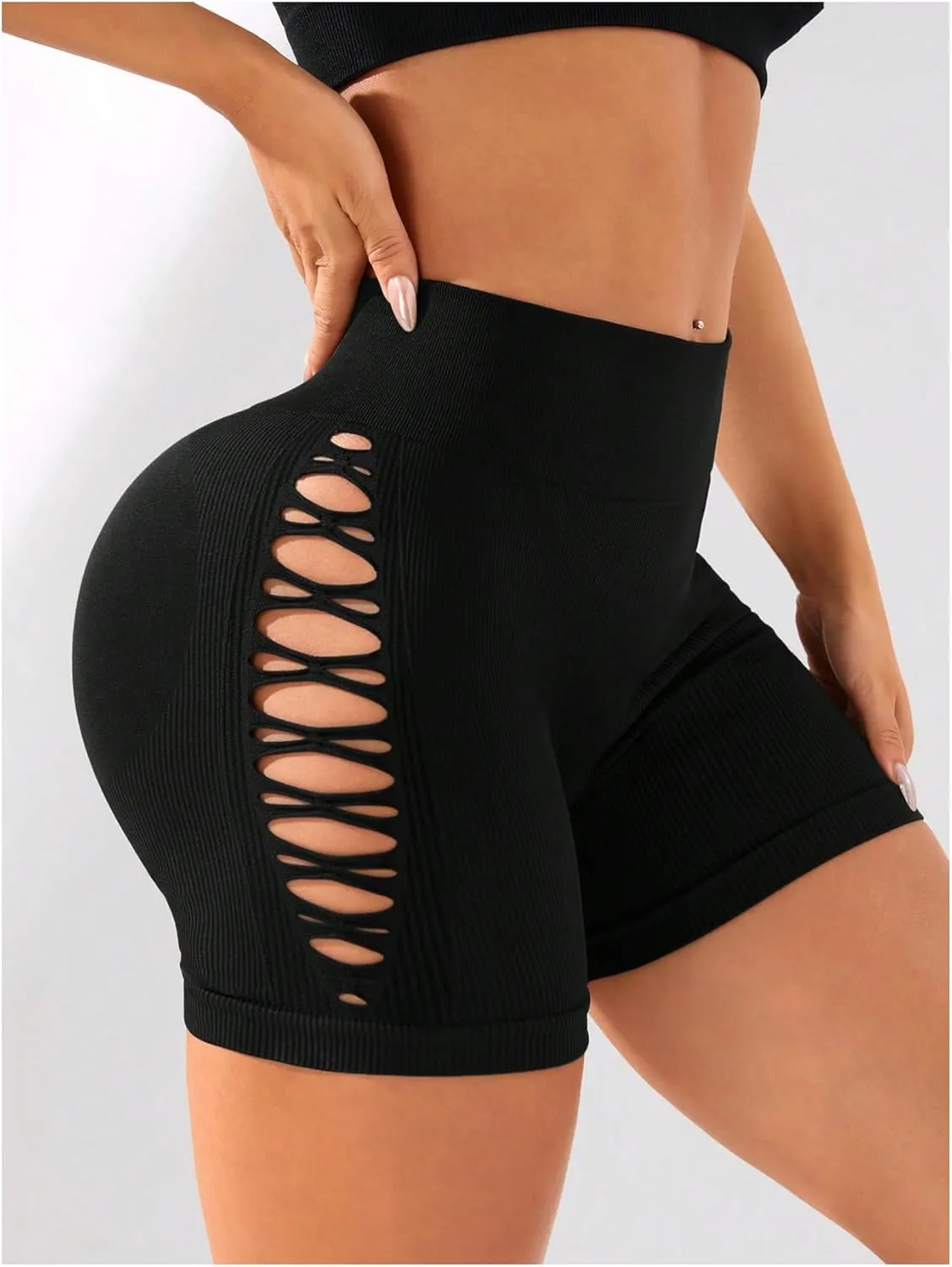 OYOANGLE Women's Criss Cross Cut Out High Waisted Short Leggings Seamless Booty Biker Shorts Activewear