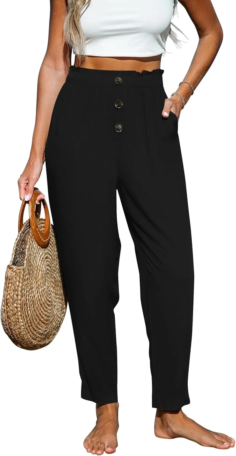 Paintcolors Womens High Waisted Work Pants Button Down Loose Comfy Straight Leg Pants Stretchy Dressy Trousers with Pockets