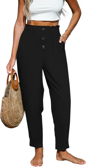 Paintcolors Womens High Waisted Work Pants Button Down Loose Comfy Straight Leg Pants Stretchy Dressy Trousers with Pockets