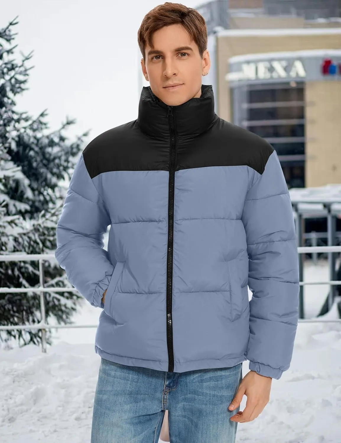 PEHMEA Men’s Puffer Jacket Stand Collar Zipper Coat with Pockets Retro Bubble Outwear for Winter