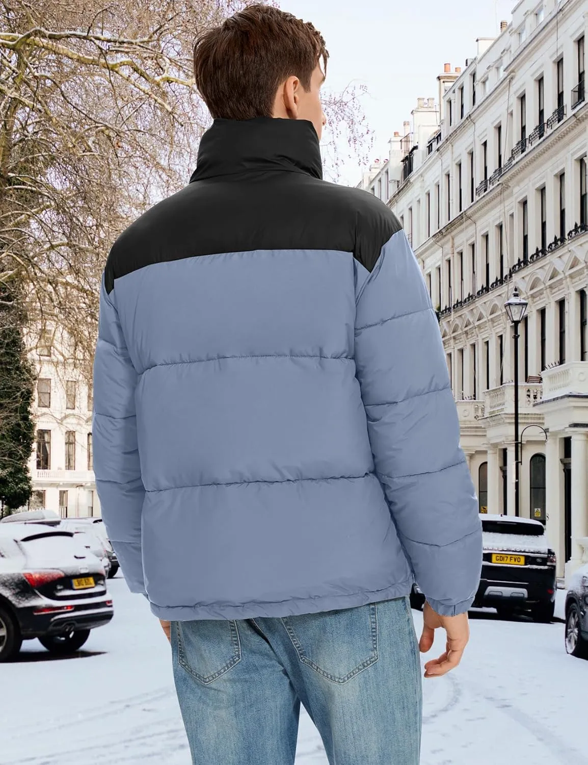 PEHMEA Men’s Puffer Jacket Stand Collar Zipper Coat with Pockets Retro Bubble Outwear for Winter
