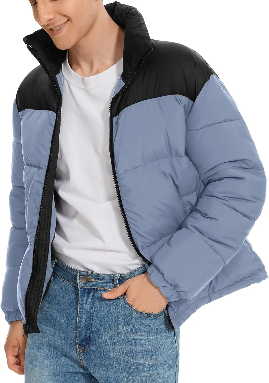 PEHMEA Men’s Puffer Jacket Stand Collar Zipper Coat with Pockets Retro Bubble Outwear for Winter