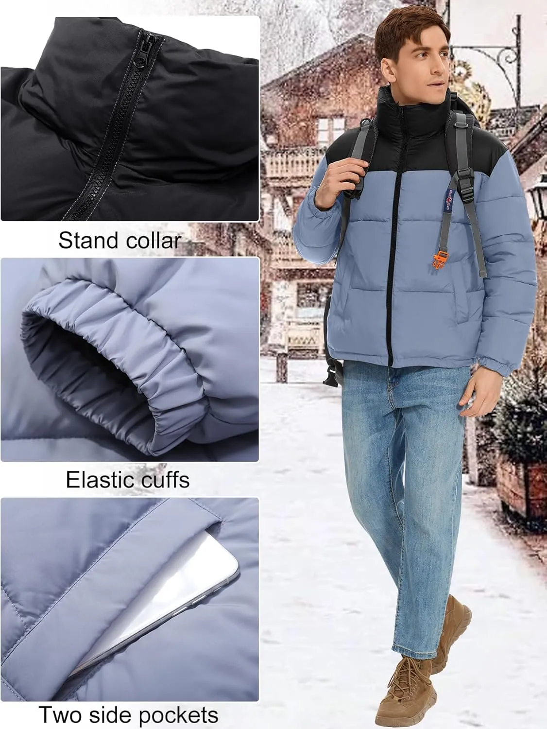 PEHMEA Men’s Puffer Jacket Stand Collar Zipper Coat with Pockets Retro Bubble Outwear for Winter