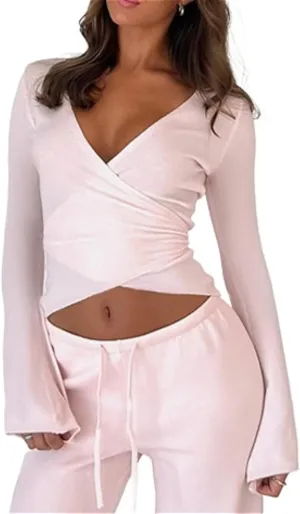 Pilates Wrap Top for Women Yoga Wrap Tops Ballet V Neck Long Sleeve Tie Workout Wrap Balletcore Clean Girl