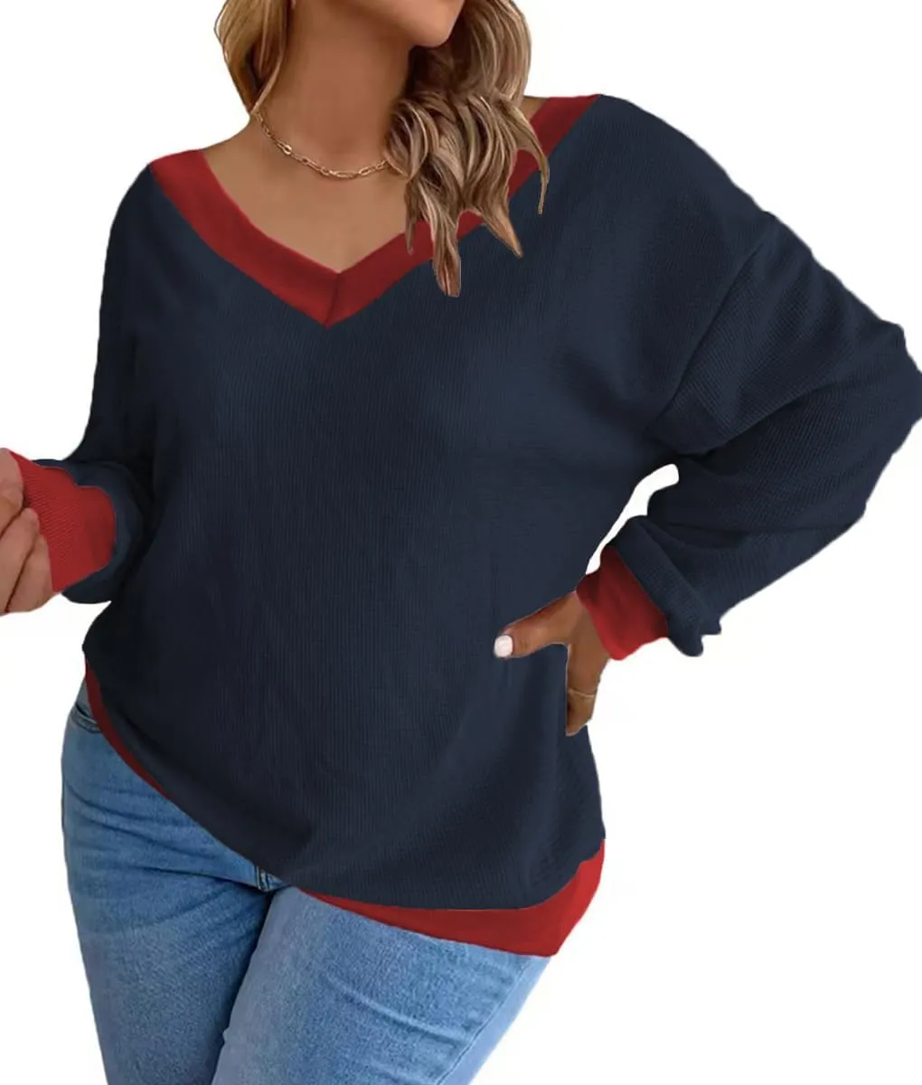 Plus-Size-Sweaters for Women Long Sleeve Waffle Knit V Neck Pullover Tops 1X-5X