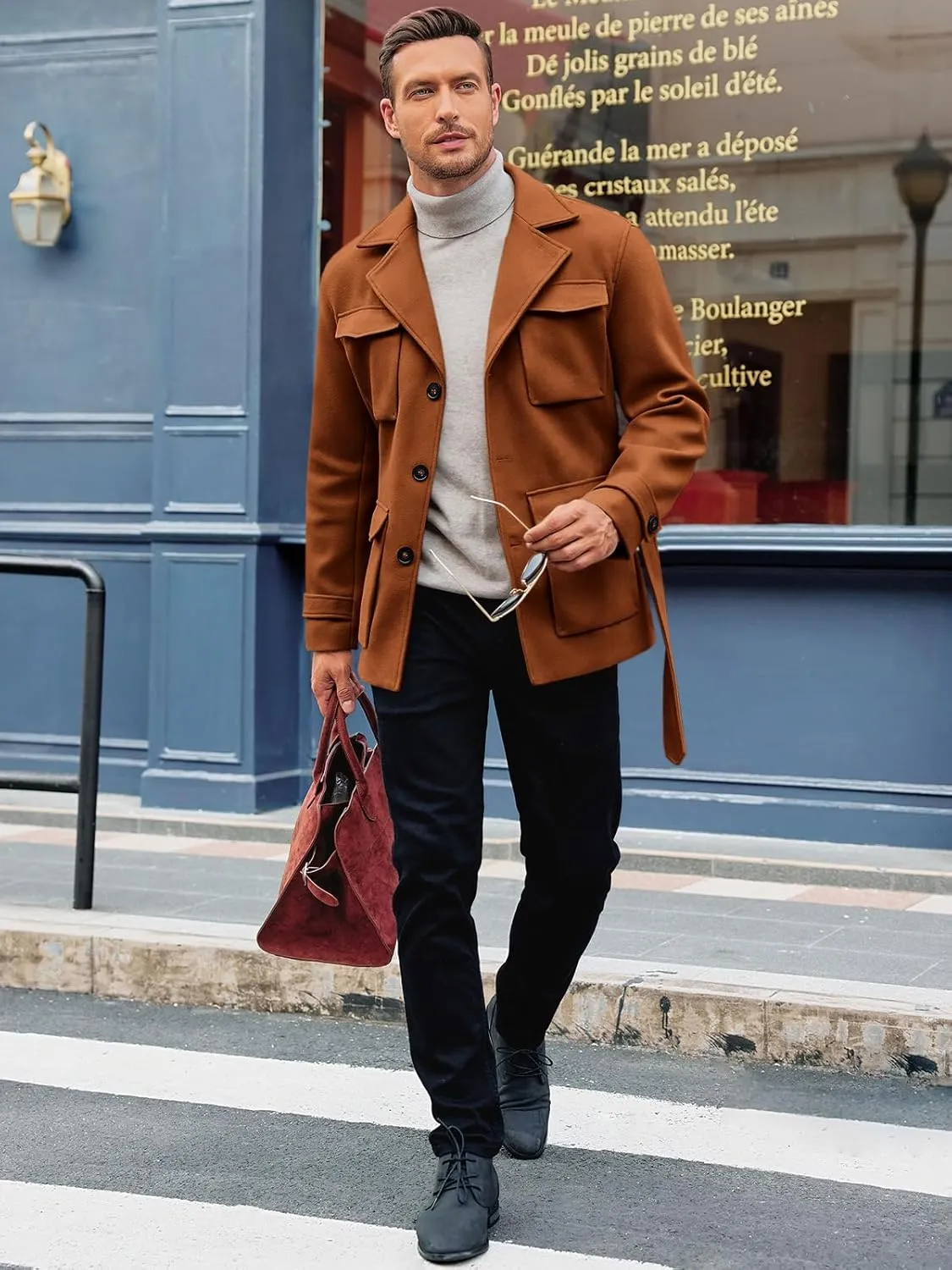 Pretifeel Mens Trench Coat Slim Fit Wool Blends Business Lapel Belted Overcoat Winter Casual Peacoat Jacket