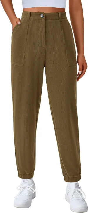 PRETTYGARDEN Women's Dressy Casual Pants Elastic High Waisted Work Office Corduroy Trouser Slacks with Pockets