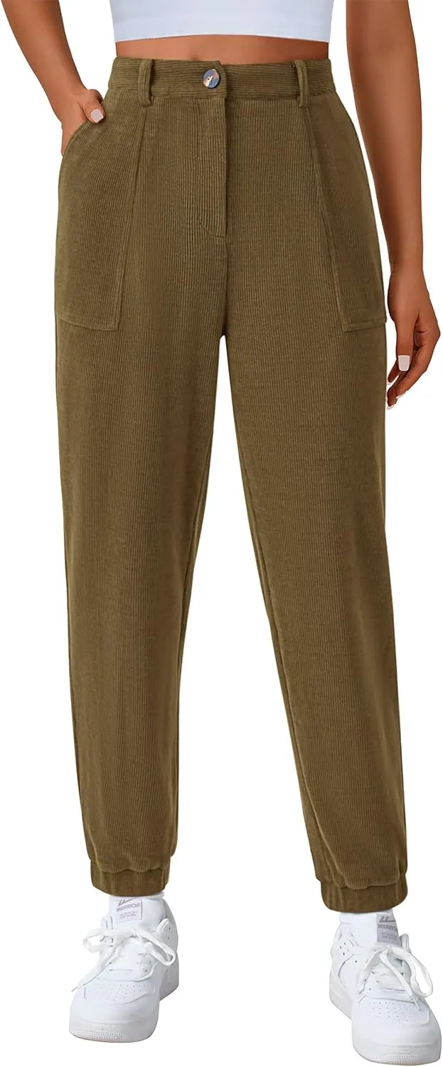 PRETTYGARDEN Women's Dressy Casual Pants Elastic High Waisted Work Office Corduroy Trouser Slacks with Pockets
