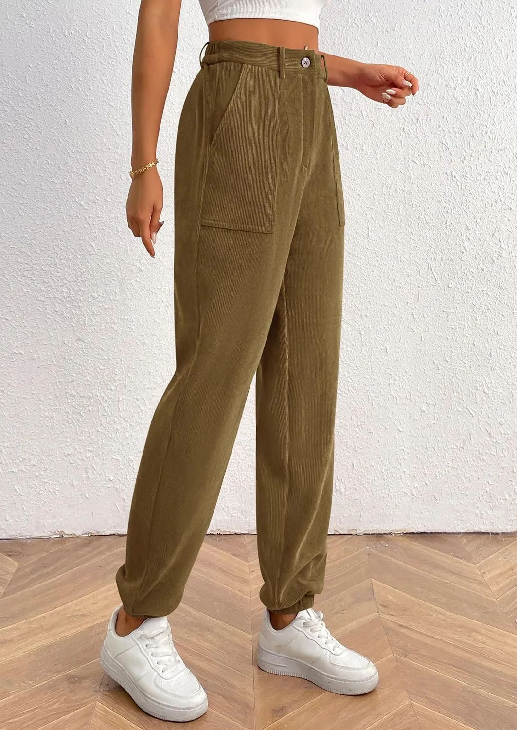PRETTYGARDEN Women's Dressy Casual Pants Elastic High Waisted Work Office Corduroy Trouser Slacks with Pockets
