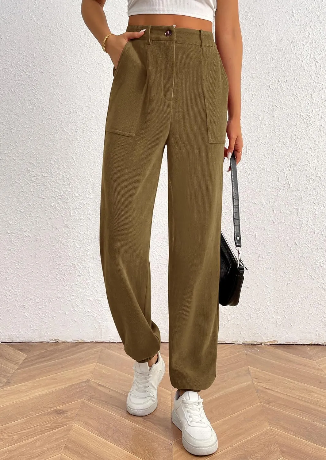 PRETTYGARDEN Women's Dressy Casual Pants Elastic High Waisted Work Office Corduroy Trouser Slacks with Pockets