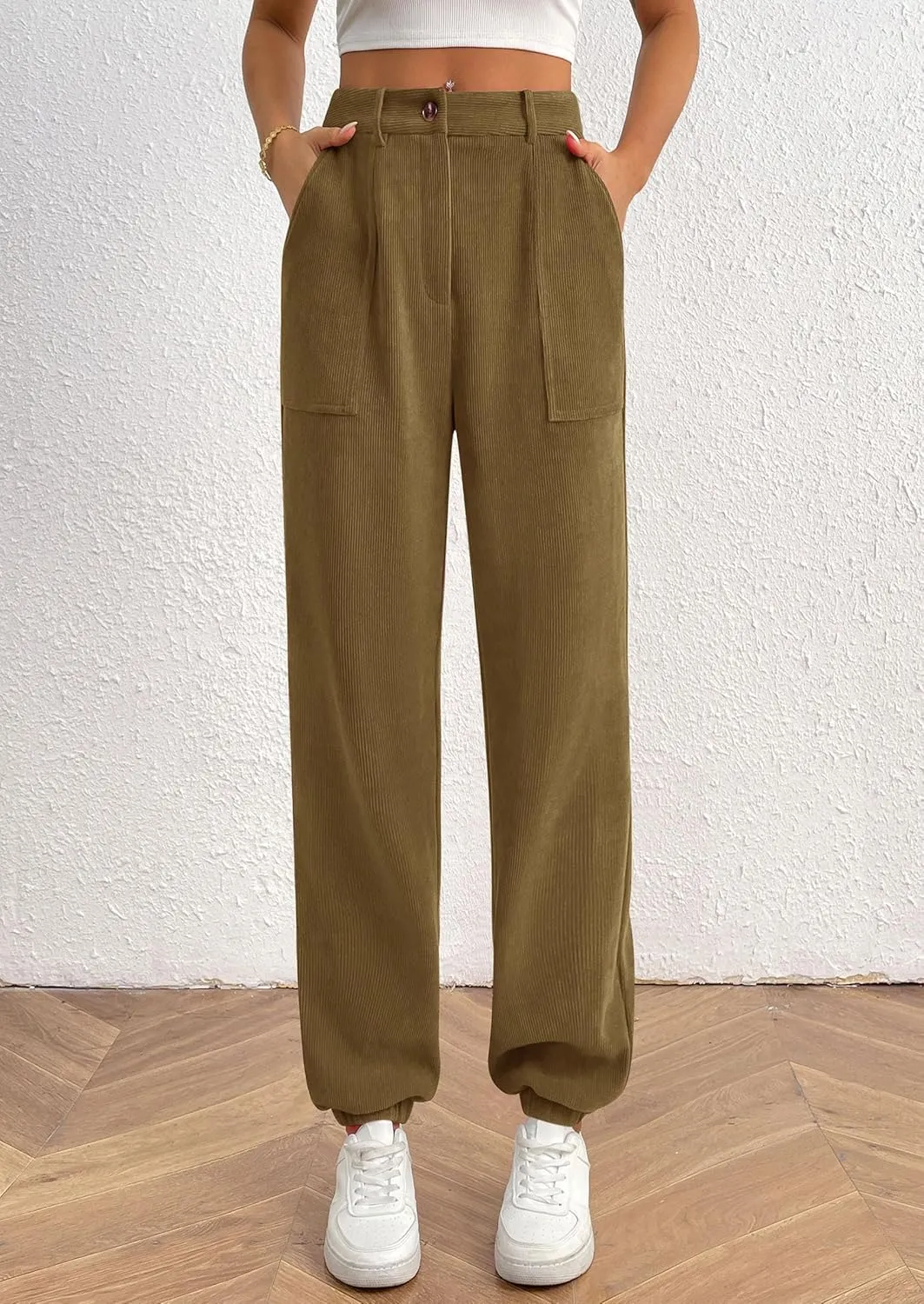 PRETTYGARDEN Women's Dressy Casual Pants Elastic High Waisted Work Office Corduroy Trouser Slacks with Pockets