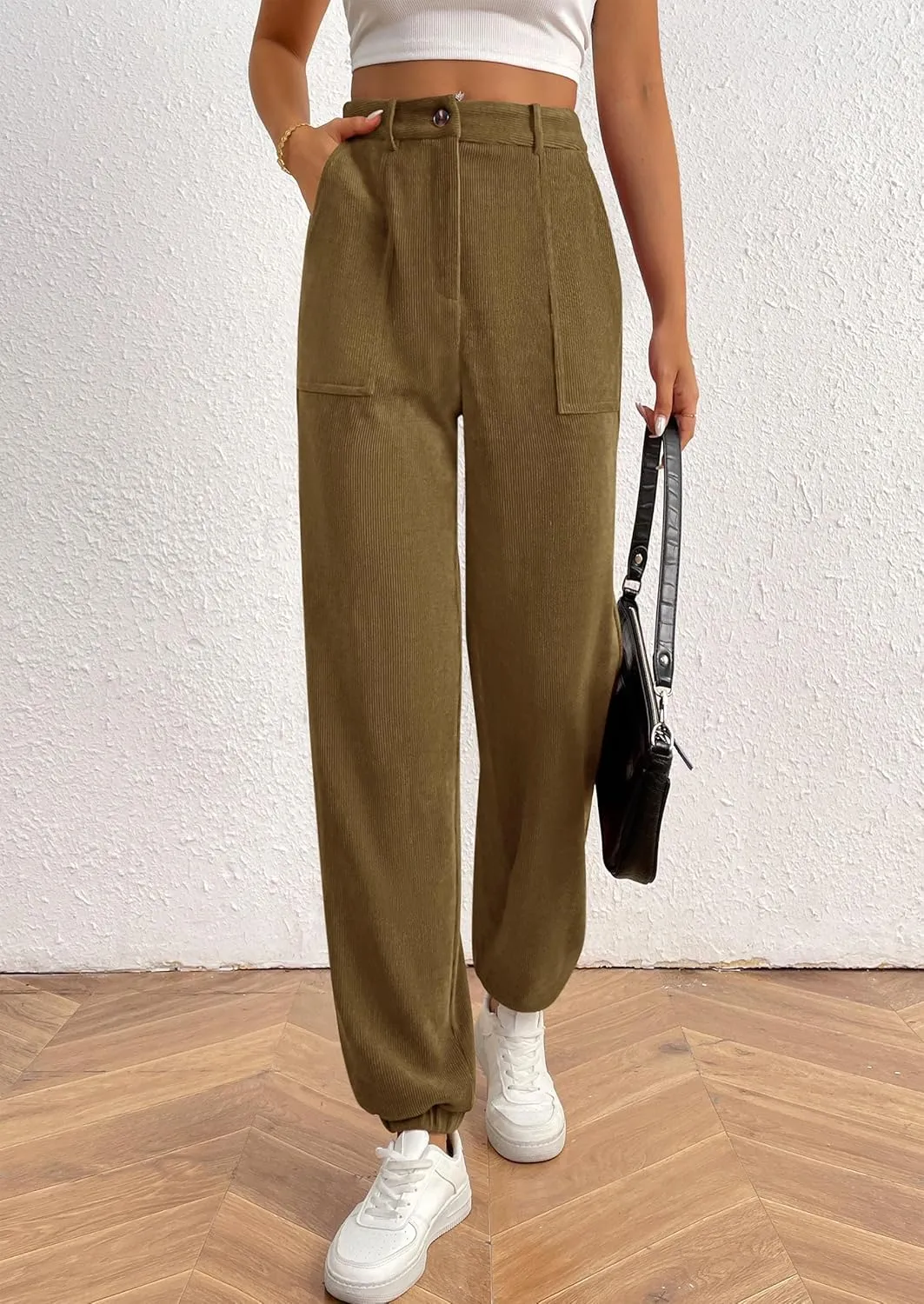 PRETTYGARDEN Women's Dressy Casual Pants Elastic High Waisted Work Office Corduroy Trouser Slacks with Pockets