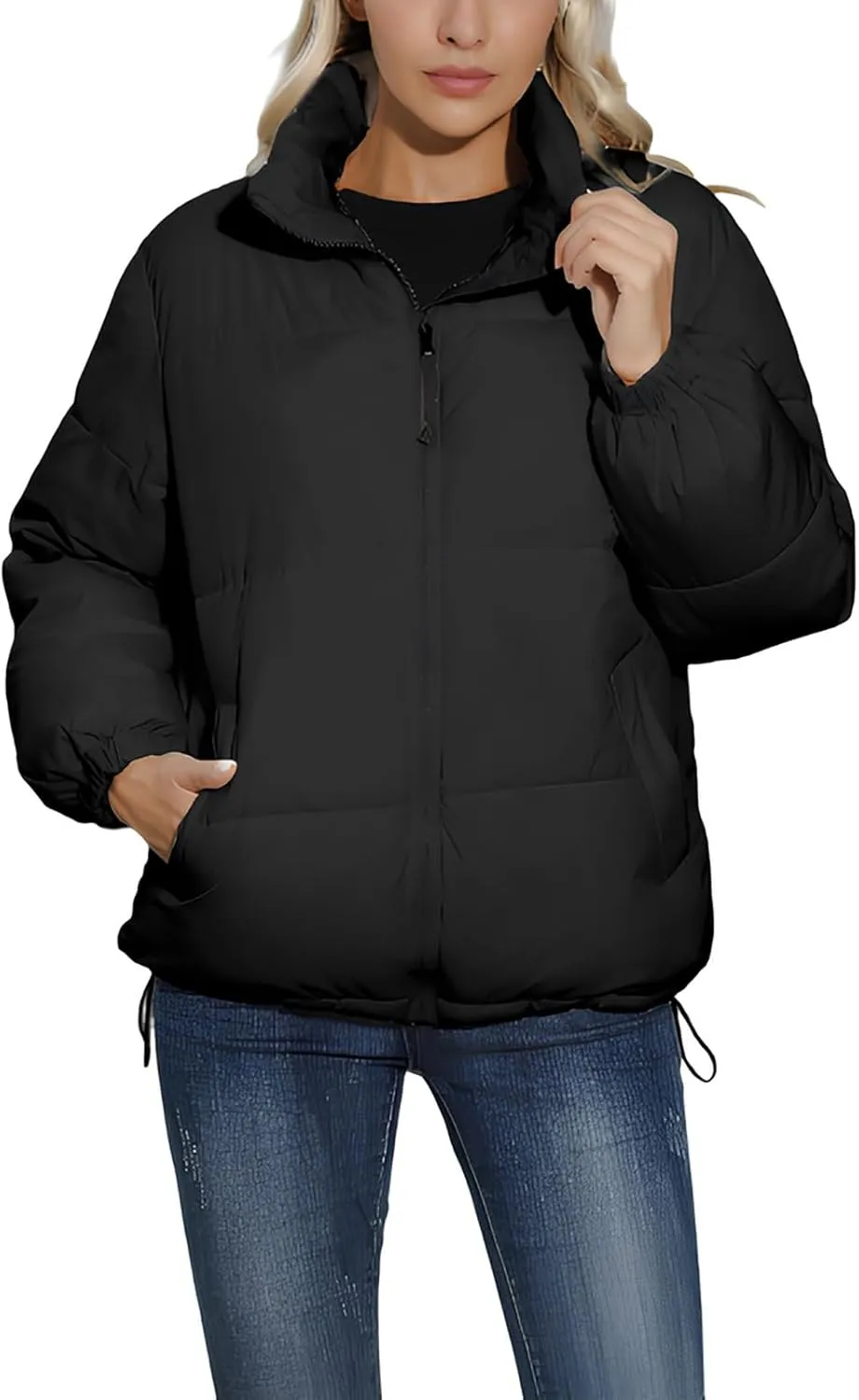 Puffer Jacket Women Cropped Winter Down Jacket Long Sleeve Warm Puffer Coat Casual Puffy Stand Collar Short Outerwear
