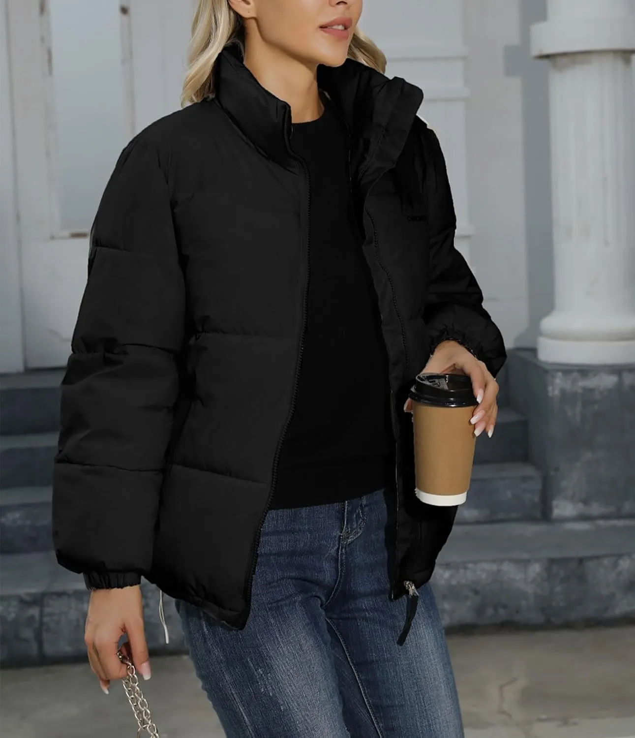 Puffer Jacket Women Cropped Winter Down Jacket Long Sleeve Warm Puffer Coat Casual Puffy Stand Collar Short Outerwear