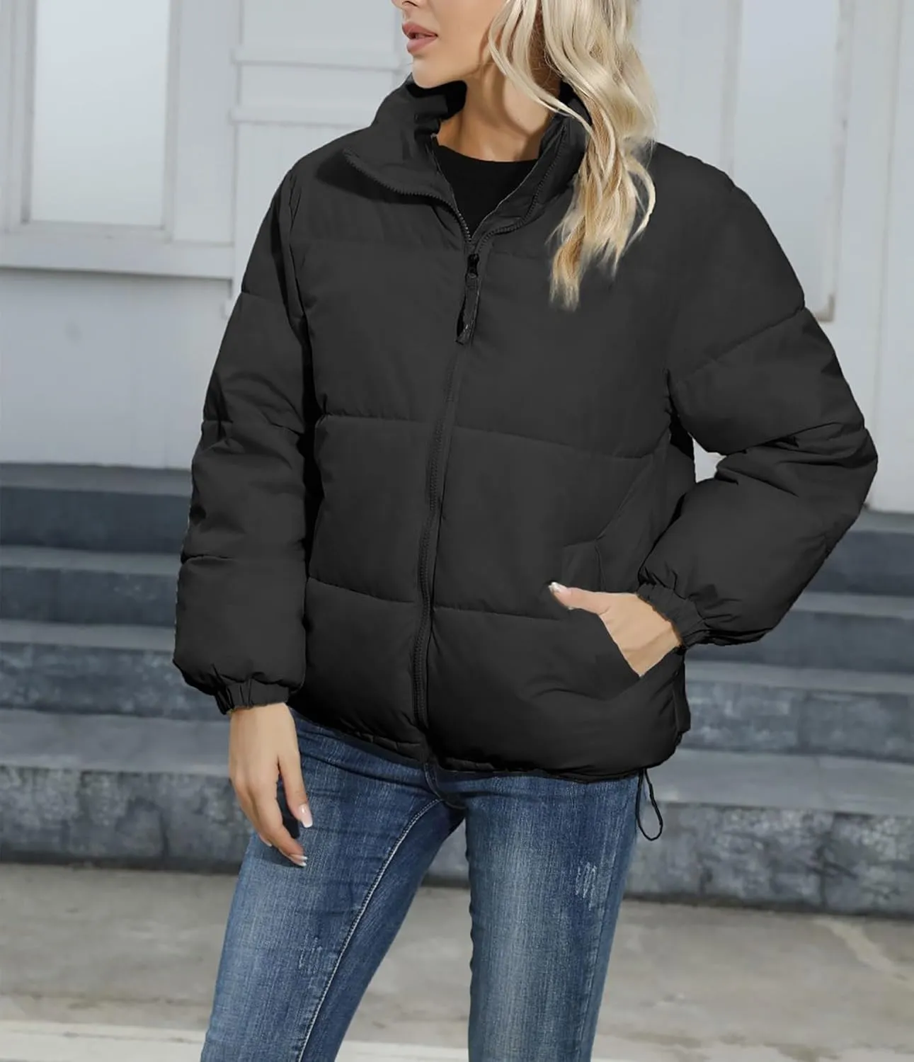 Puffer Jacket Women Cropped Winter Down Jacket Long Sleeve Warm Puffer Coat Casual Puffy Stand Collar Short Outerwear