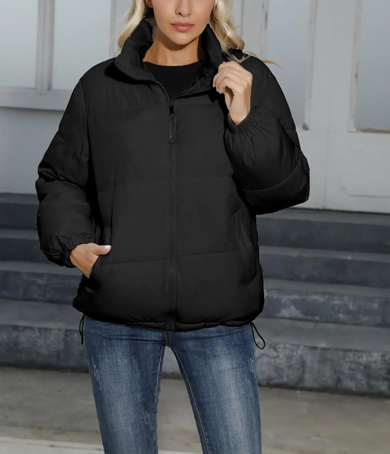 Puffer Jacket Women Cropped Winter Down Jacket Long Sleeve Warm Puffer Coat Casual Puffy Stand Collar Short Outerwear