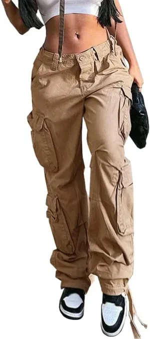QYANGG Baggy Cargo Pants Women High Waist Pants for Women Loose Pocket Jogger Straight Wide Leg Y2K Cargo Pants