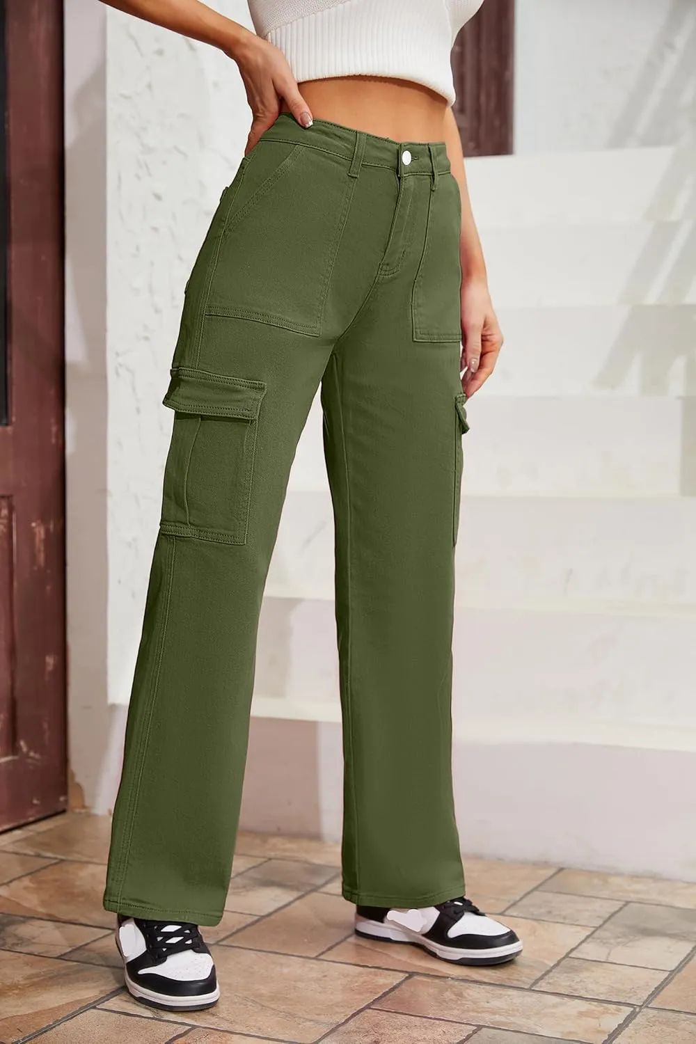 QYANGG High Waist Stretch Cargo Pants Women Baggy Multiple Pockets Relaxed Fit Straight Wide Leg Y2K Pants
