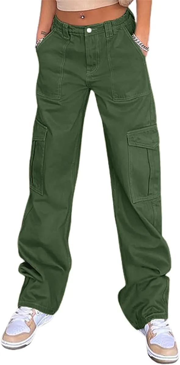 QYANGG High Waist Stretch Cargo Pants Women Baggy Multiple Pockets Relaxed Fit Straight Wide Leg Y2K Pants