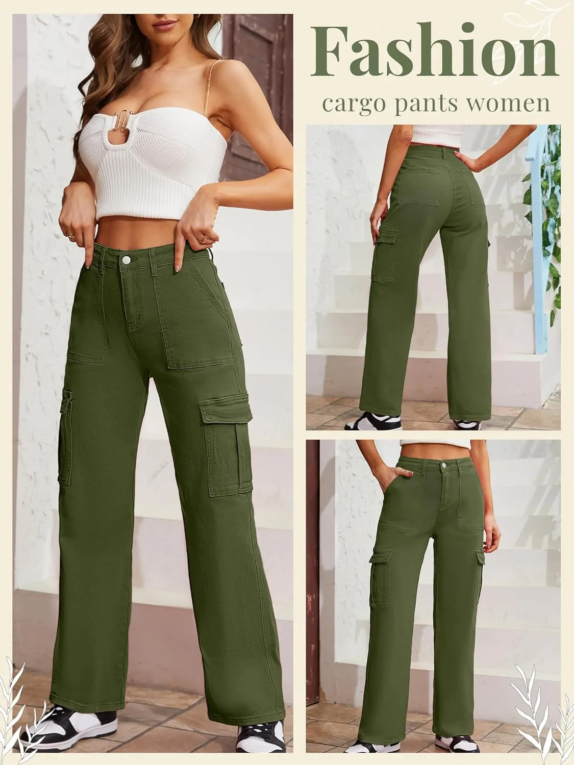 QYANGG High Waist Stretch Cargo Pants Women Baggy Multiple Pockets Relaxed Fit Straight Wide Leg Y2K Pants