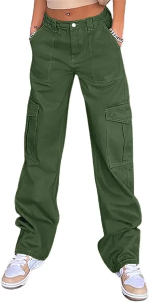 QYANGG High Waist Stretch Cargo Pants Women Baggy Multiple Pockets Relaxed Fit Straight Wide Leg Y2K Pants
