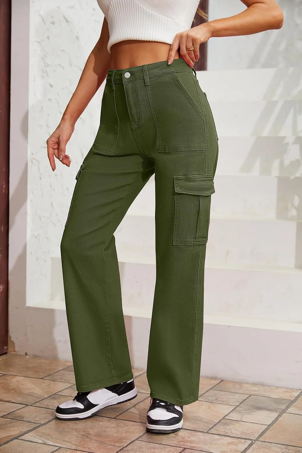 QYANGG High Waist Stretch Cargo Pants Women Baggy Multiple Pockets Relaxed Fit Straight Wide Leg Y2K Pants
